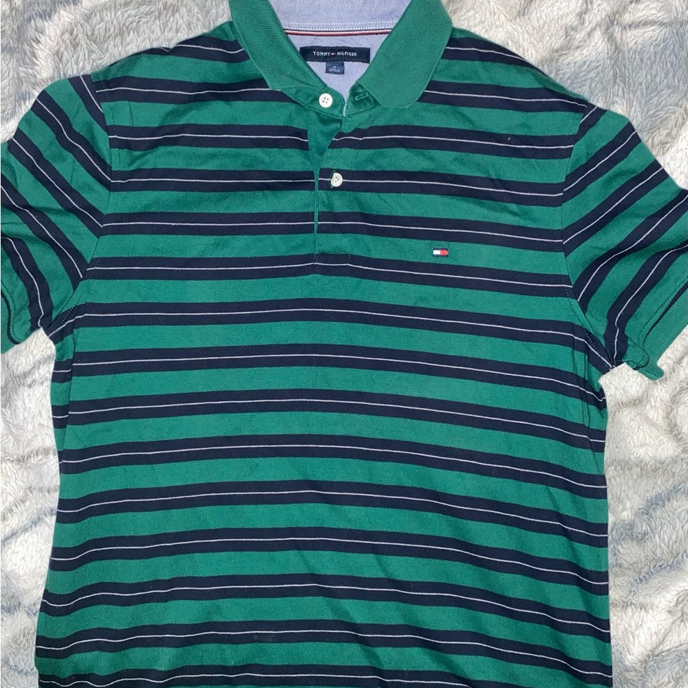 Tommy Hilfiger Green and Blue Striped Polo Shirt